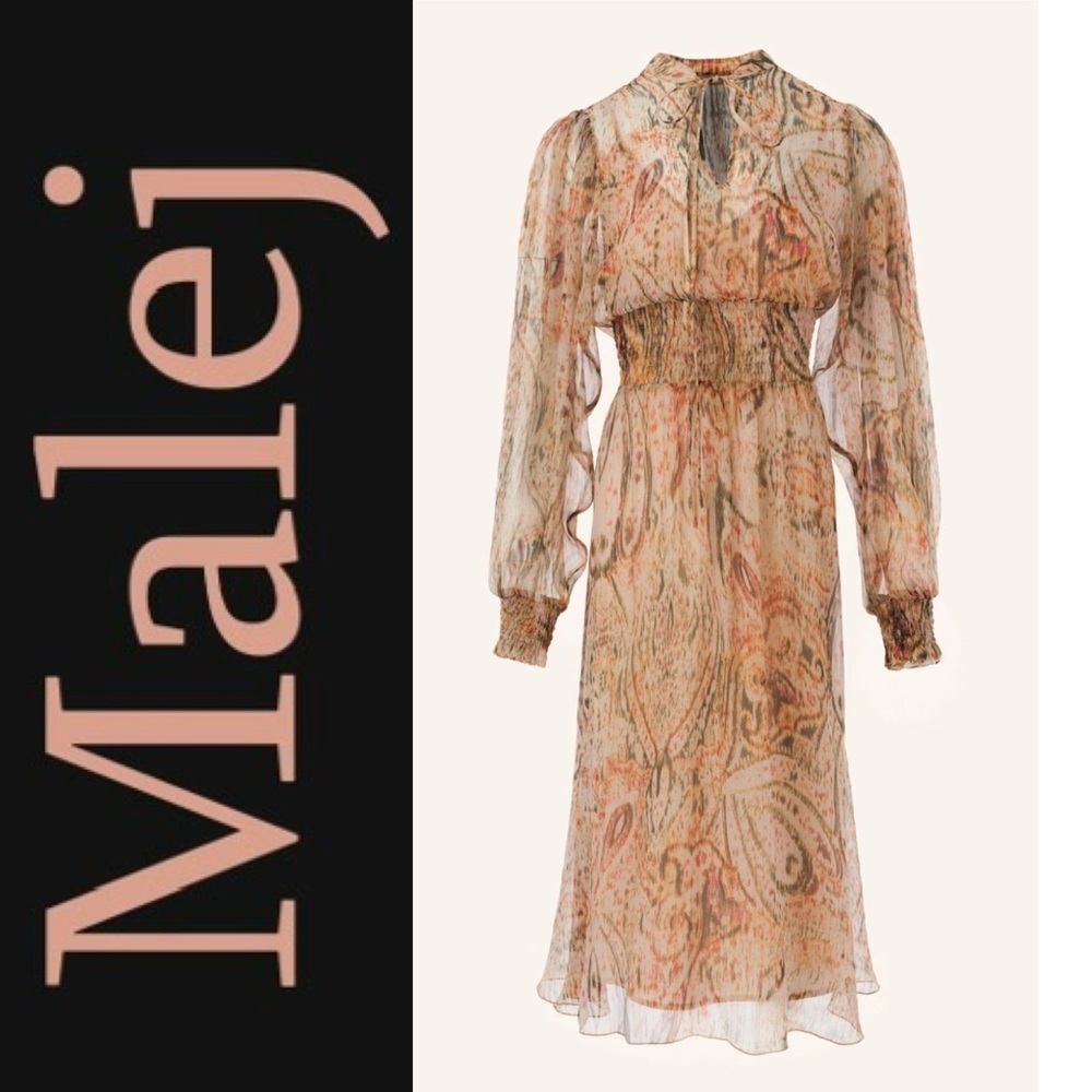 NWT Malej Silk Printed Metallic Long Sleeve midi Dress EU 34-36